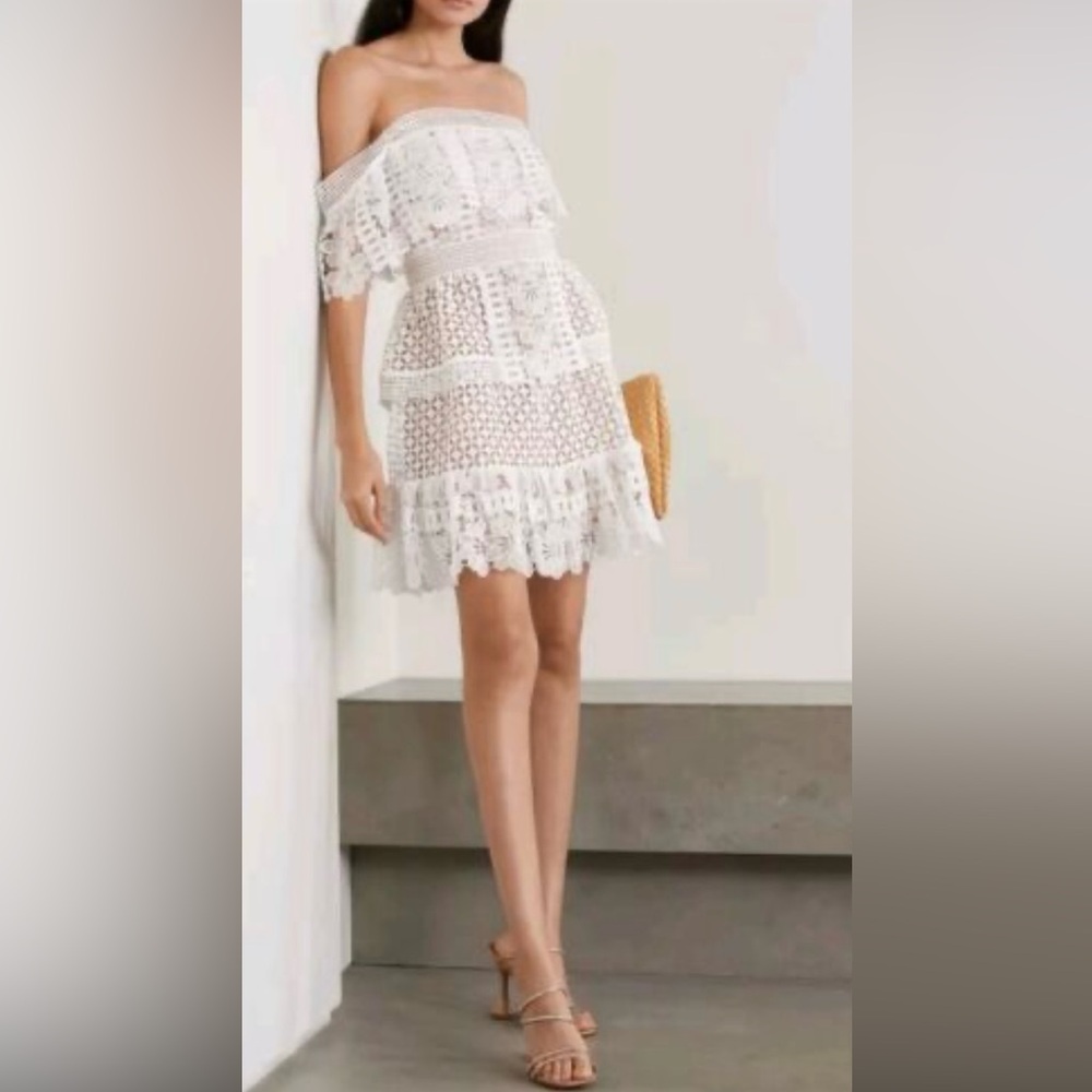 NWT Self Portrait Off Shoulder Hibiscus Floral Guipure Mini Dress Pale Aqua US 6